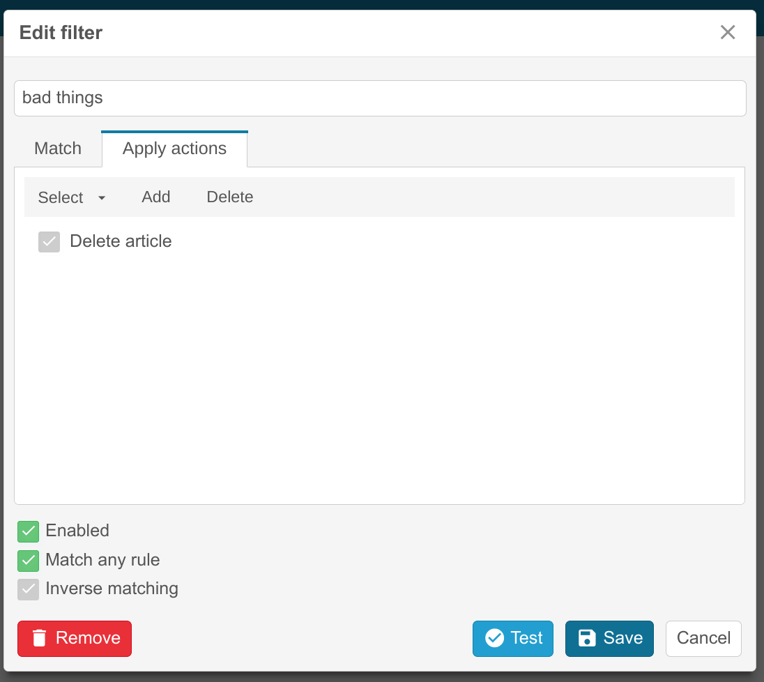 Filtering RSS Actions